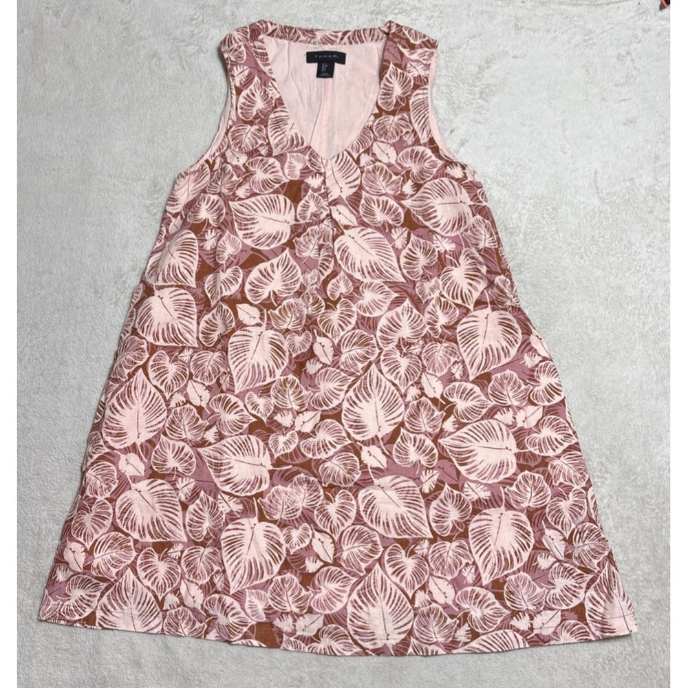 Tahari 100% Linen Dress Womens Size Small Pink Lined Floral Leaves Resort Wear